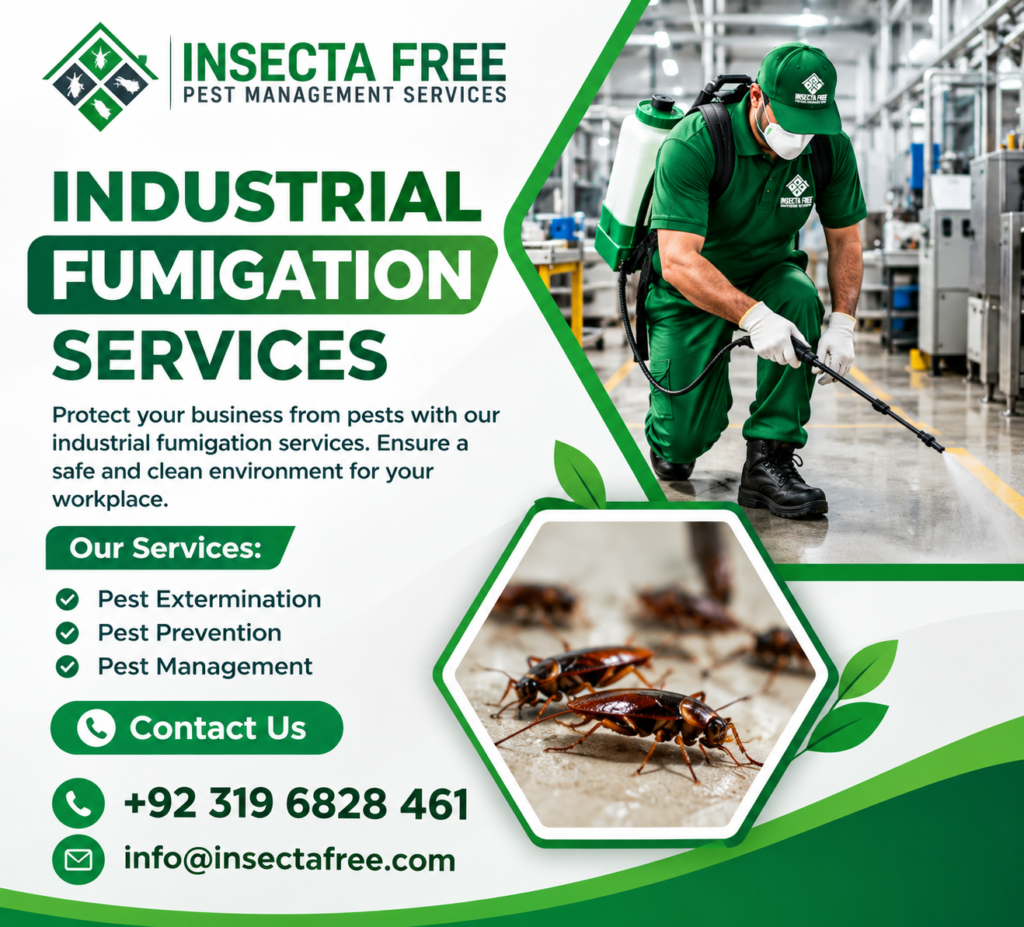 Professional cockroach treatment services in Karachi by Insecta Free Pest Management with a branded technician in green uniform