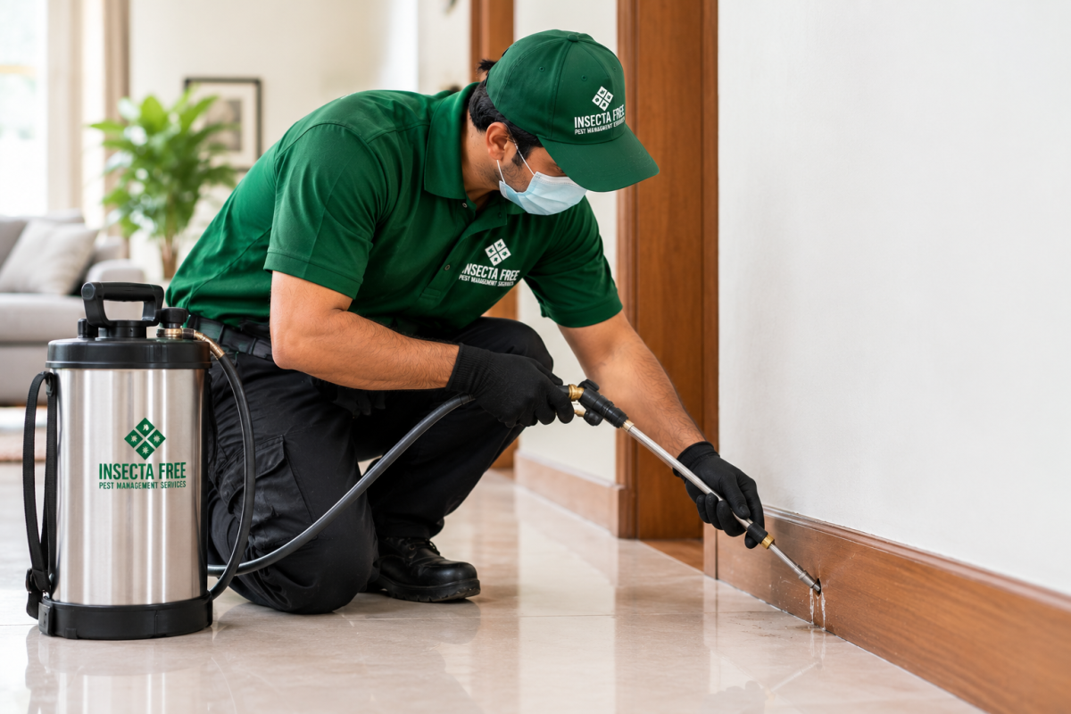 Professional termite control technician performing termite treatment in Karachi