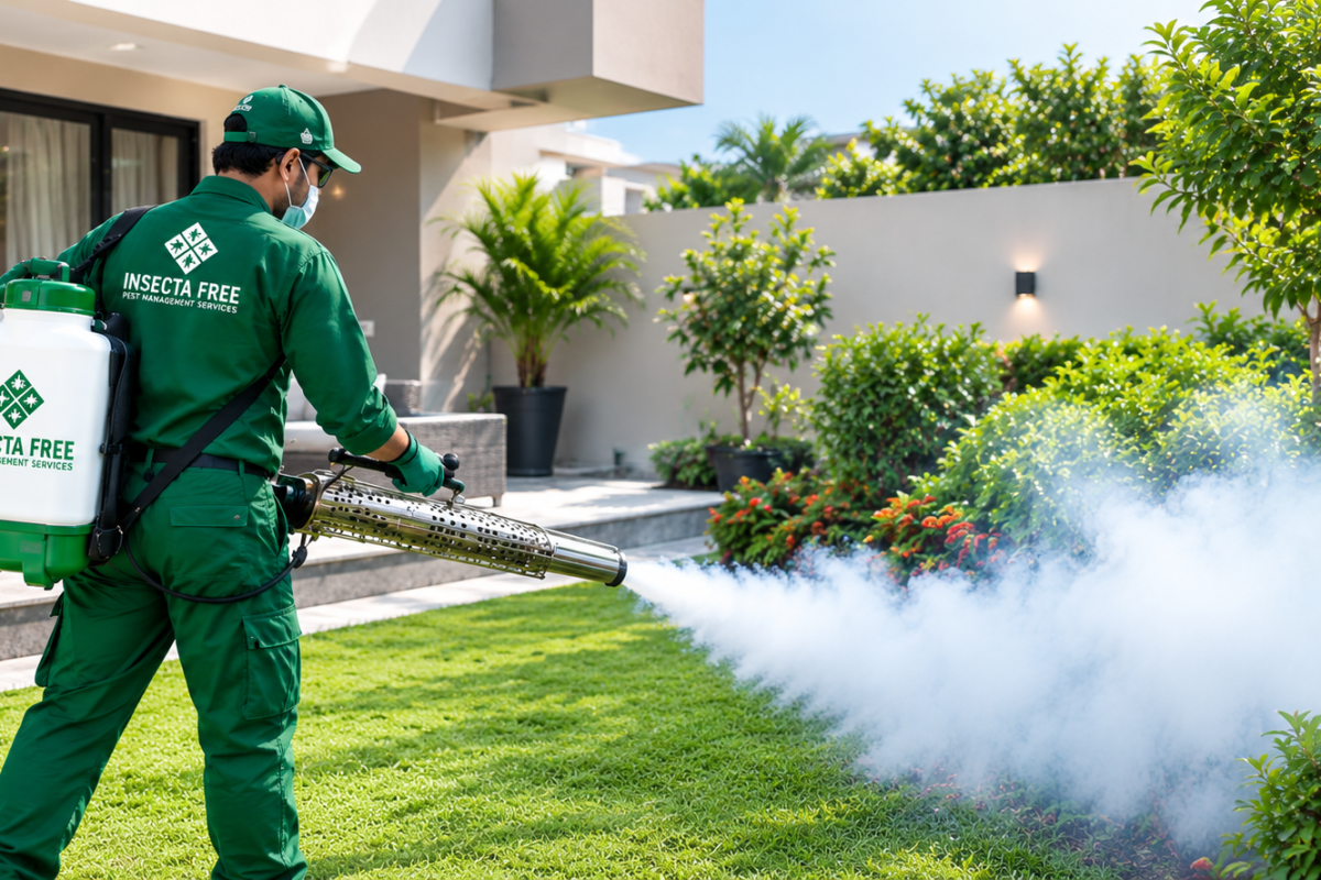 Professional mosquito fogging technician performing outdoor mosquito control service in Karachi